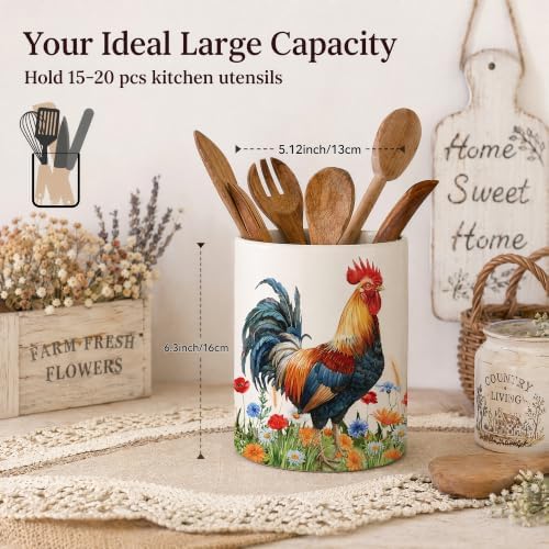 Rooster Ceramic Utensil Crock, Farm Rooster Kitchen Utensil Holder, Farmhouse Countertop Storage Organizer, Country Kitchen Decor Caddy for Spatulas & Baking Gadgets