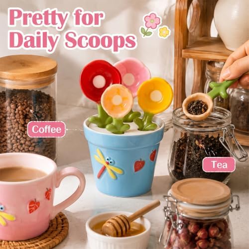 Cute Flower Ceramic Measuring Spoons Set with Base, Kitchen Decorate Gifts