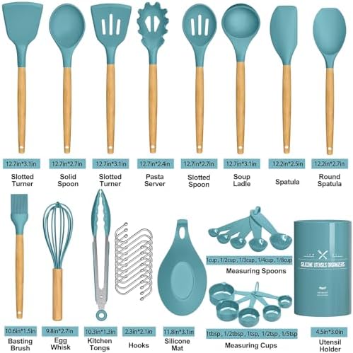 Umite Chef Kitchen Cooking Utensils Set, 33 pcs Non-stick Silicone Utensils Spatula Set with Holder, Silicone Kitchen Gadgets Utensil Set(Dark Blue)