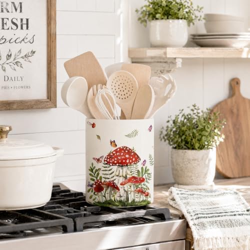 Mushroom Ceramic Utensil Crock, Hand-Painted Forest Mushroom Kitchen Utensil Holder, Farmhouse Countertop Storage Caddy, Kitchen Decor Organizer for Spatulas, Baking Tools & Multi-Room Display