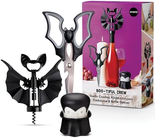 OTOTO Boo-tiful Crew Bundle of Elizabat, Vino, Gracula - Halloween Kitchen Decor Goth Accessories, Cool Kitchen Gadgets, Bat Scissors, Spooky, Witchy Bottle Opener, Garlic Crusher, Spooky Funny Gifts