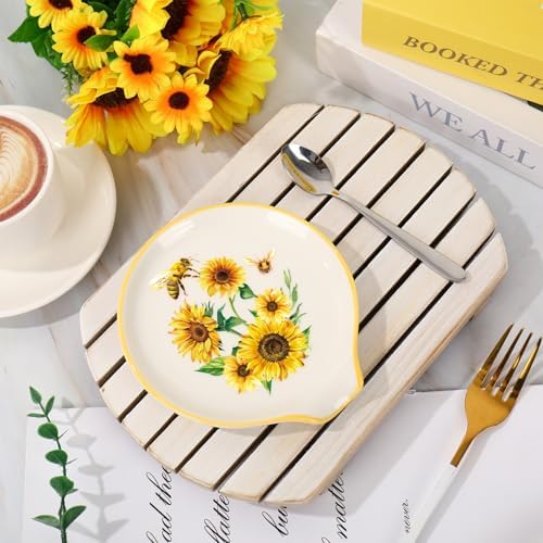 JarThenaAMCS 2Pcs Summer Bee Ceramic Spoon Rest Yellow Black Sunflower Bee Small Coffee Spoon Holder for Stove Top Stirrers Teaspoon Bar Coffee Station Accessories,4.7 Inch