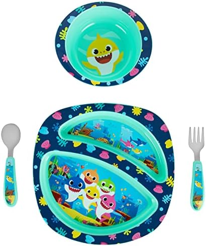 First Years Baby Shark Toddler Dinnerware Set - Includes Plate, Bowl, Fork and Spoon - 4 Count, Blue