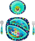 First Years Baby Shark Toddler Dinnerware Set - Includes Plate, Bowl, Fork and Spoon - 4 Count, Blue