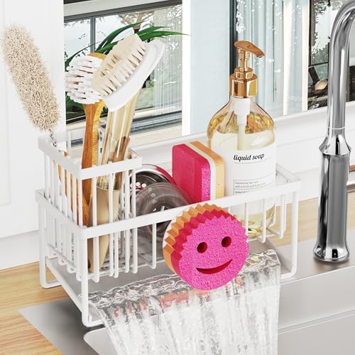 Sponge Holder for Kitchen Sink,Smiley Face Sink Caddy with Removable Brush Holder,Self-Draining Sponge Caddy for Sponge,Soap,Dish Brush,Scrubber,Kitchen Essentials and Gadgets-White