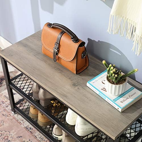 VASAGLE 3-Tier Shoe Rack, Storage Bench with Metal Mesh Shelves and Seat