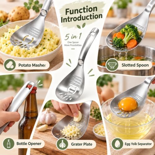 5-in-1 Stainless Steel Cooking Spoon, Multipurpose Stainless Steel Kitchen Spoon, Egg Yolk Separator, Potato Garlic Masher, Grater Plate, Bottle Opener & Slotted Spoon