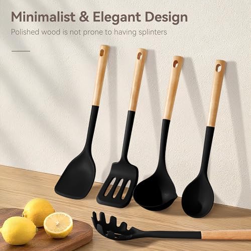 NCUE 6-Pcs Silicone Kitchen Utensils Set Wood Handle BPA-Free Food Grade
