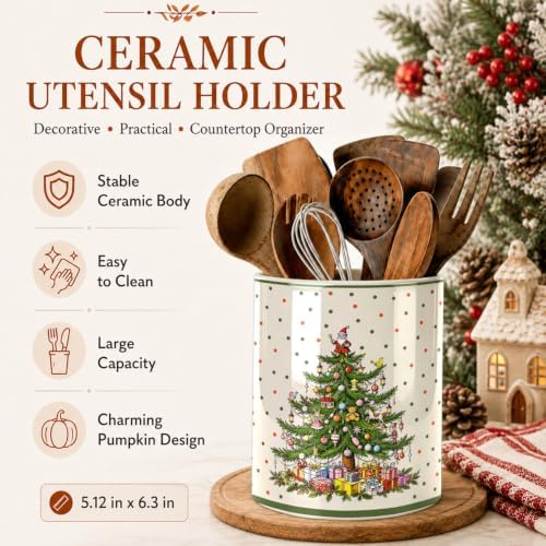 Christmas Tree Green Kitchen Utensil Holder, Xmas Winter Large Ceramic Utensil Holder For Countertop Organizer, 6.3'' Cooking Utensil Crocks Festivel Decor Utensil Storage Cup for Kitchen