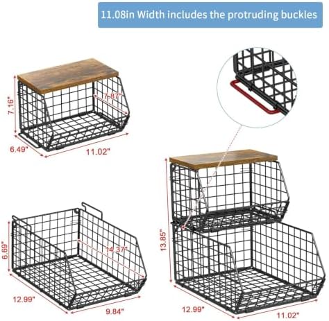 Potato and Onion Storage Bin with Wooden Top, 2-Tier Stackable Wire Basket