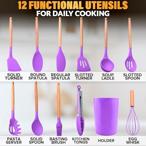 12 Pcs Purple Kitchen Accessories with Holder for Nonstick Cookware