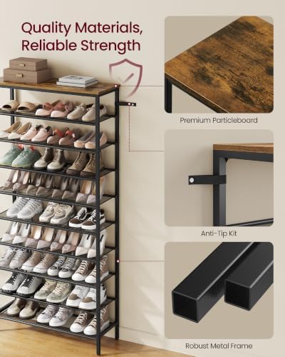 VASAGLE Shoe Rack with 9 Mesh Shelves and 1 Large Top for Bags, Steel Frame