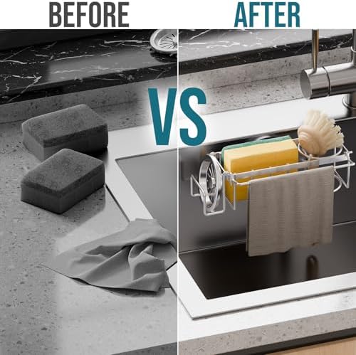 TAILI 4-in-1 Sponge Holder for Kitchen Sink with Strong Suction Cup-Silver