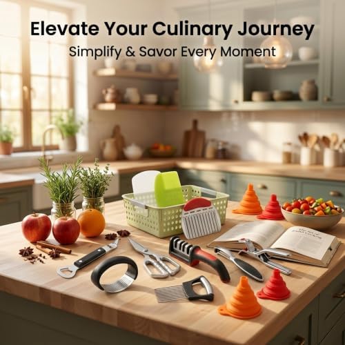 13-Piece Kitchen Gadget Set (Includes Storage Basket) — Features Kitchen Shears, Garlic Press, Knife Sharpener, Julienne Peeler, Standard Peeler, Anti-Scald Tongs (13 PCS)