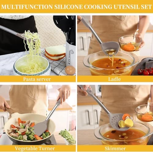 Silicone Kitchen Cooking Utensils Set with Stainless Steel Handle, Spatula Set Utensil Set, Cooking Utensil Set,Kitchen Tools Gadgets for Nonstick Cookware (35, Khaki)
