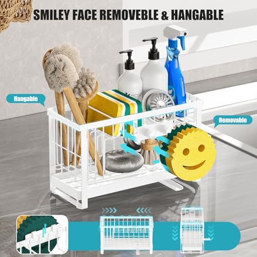 Sponge Holder for Kitchen Sink with Flexible Smiley Face, 2 Tier Kitchen Sink Organizer, Countertop and Storage Essentials, Soap Dispenser Organizer, Home Decor Accessories - White