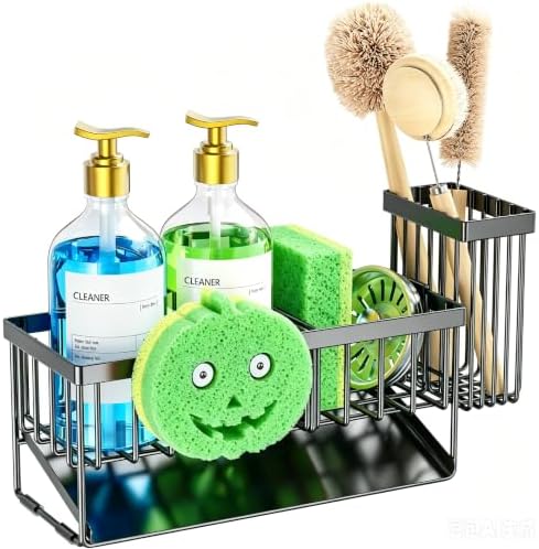 Cisily 9.25'' ponge Holder for Kitchen Sink, Smiley Face Sink Caddy with Removable Brush Holder,Self-Draining Sponge Caddy for Sponge,Soap,Dish Brush,Scrubber,Kitchen Essentials and Gadgets