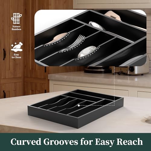 Silverware Organizer, Bamboo Kitchen Drawer Organizer, Utensil Holder, Cutlery Tray & Spoon Flatware Storage with Grooved Drawer Dividers (Black, 12''W x 16.5''D)