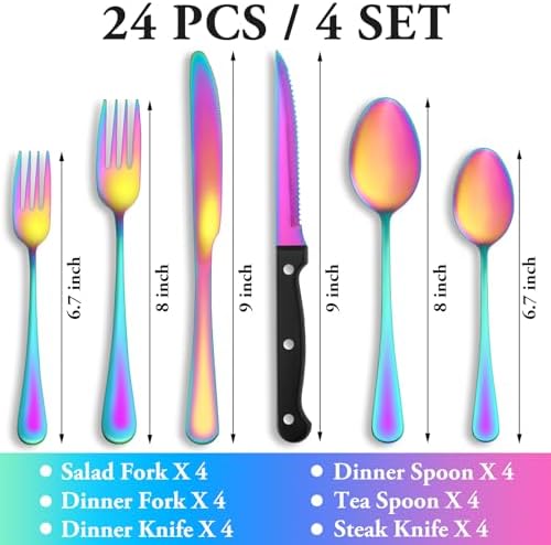 24 Pcs Rainbow Silverware Set with Steak Knives, Stainless Steel Flatware Cutlery Set for 4, Kitchen Tableware Sets, Utensil Sets for Home and Restaurant, Dishwasher Safe