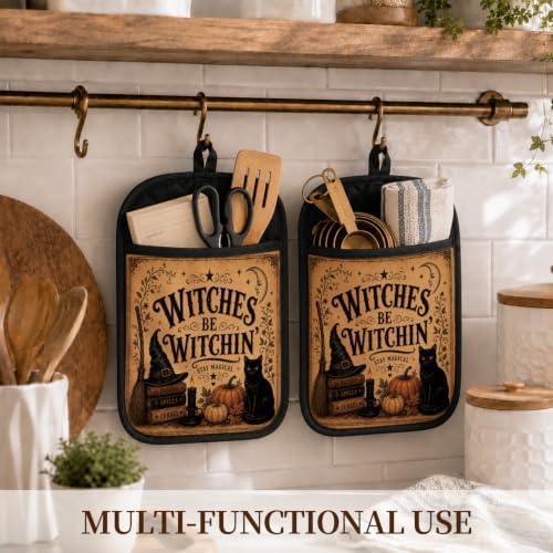 Witchy Halloween Black Cat Pot Holders for Kitchen 2 Pack Set