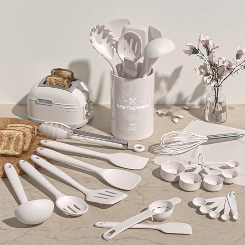 Kitchen Utensils Set, Umite Chef 22Pcs Silicone Cooking Utensils Set, Heat Resistant Silicone Kitchen Spatulas Set with Holder, White Cooking Gadgets Tools Set for Nonstick Cookware, Dishwasher Safe