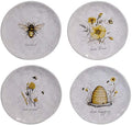 Bee Sweet 8.5" Ceramic Salad & Dessert Plates, Set of 4 – Assorted Bee & Floral Designs with Uplifting Sayings, Cottagecore Tableware for Spring, Brunch, and Everyday Dining