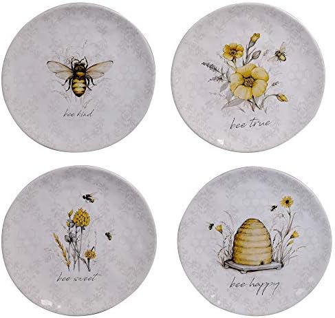 Bee Sweet 8.5" Ceramic Salad & Dessert Plates, Set of 4 – Assorted Bee & Floral Designs with Uplifting Sayings, Cottagecore Tableware for Spring, Brunch, and Everyday Dining