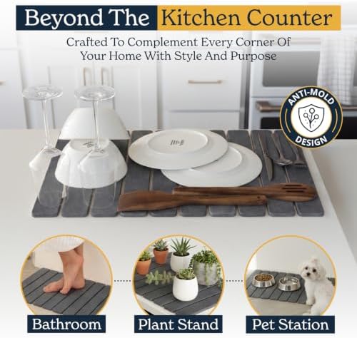 Oleex 3-Pack Stone Dish Drying Mat Set Includes 1 Large 24”x16” & 2 Small 4”x9” for Kitchen Counter-Collapsible Diatomaceous Earth Pad Absorbs Water & Dries Dishes Fast, Non-slip, Odor-Resistant Mats