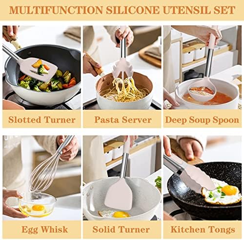 Silicone Cooking Utensil Set, Umite Chef 43 PCS Heat Resistant Kitchen Utensil Gadgets Set-Stainless Steel Handle- Kitchen Spatula Tools for Nonstick Cookware, Pots and Pans Accessories (Khaki)