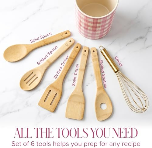 Paris Hilton Kitchen Utensils Tool Crock Set, Bamboo Cooking Tools with Gold-Finish Stainless Steel Whisk and Ceramic Stoneware Utensil Holder, Gingham Design, 7-Piece, Pink