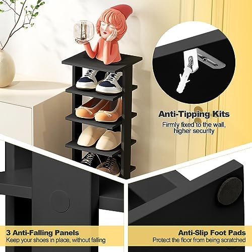COSTWAY 8-Tier Vertical Shoe Rack, Tall Narrow Shoe Storage Organizer with Removable Shelf for Boots, Anti-Tipping Kit, Space-Saving Shoe Stand with for Small Place, Entryway (Black)