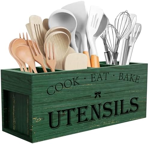 Suli Extra Large Utensil Holder Countertop for Kitchen Counter,Wood,Green
