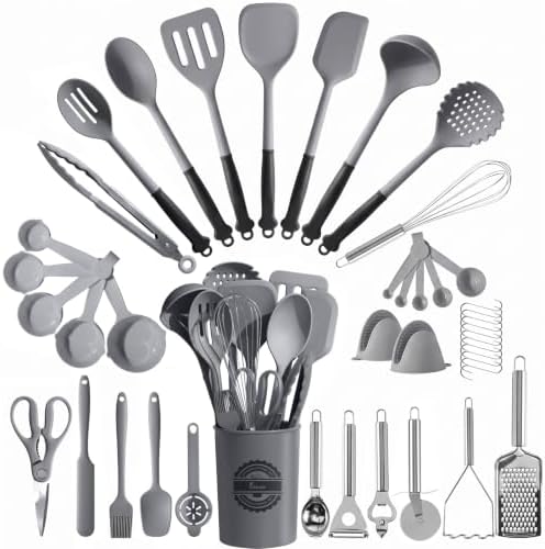 Kikcoin 43 PCS Silicone Kitchen Utensils Set, Dishwasher Safe Kitchen Cooking Utensils Set, 446°F Spatulas Silicone Heat Resistant, Non Toxic Silicone Utensils Set With Two-Tone Grip Handles, Gray