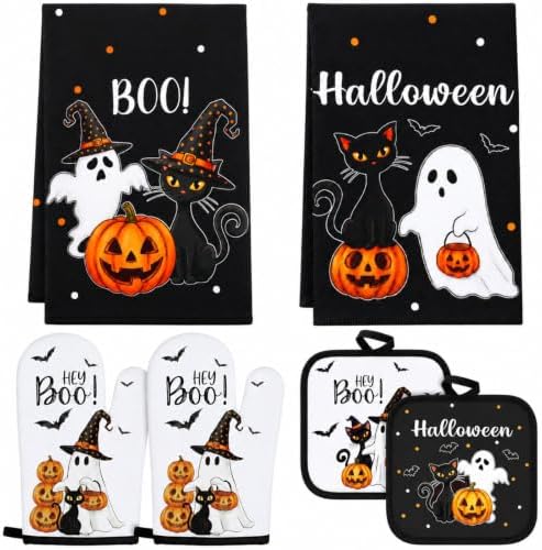 FoldTier 6 Pcs Halloween Kitchen Decoration Set Towel Pot Holder Oven Mitt