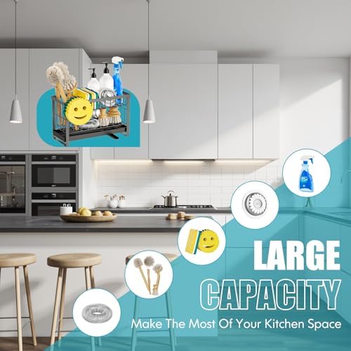 Sponge Holder for Kitchen Sink with Flexible Smiley Face, 2 Tier Kitchen Sink Organizer, Countertop and Storage Essentials, Soap Dispenser Organizer, Home Decor Accessories - Gray