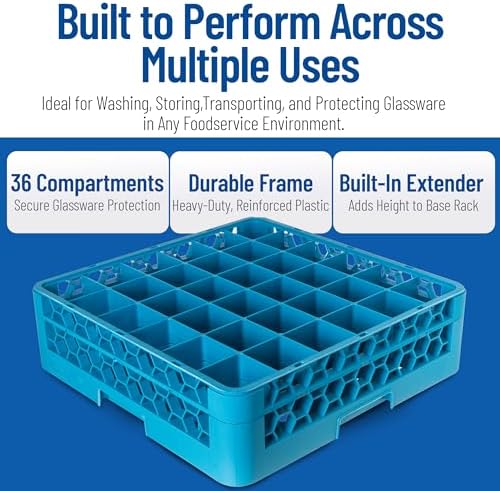Carlisle FoodService Products 36 Compartment Glass Racks with 1 Extender - Fits 2.69" Diameter White Wine Glasses, Tumblers, Narrow Bowl Stems, 2.94" Compartments, Tamper Proof, Blue