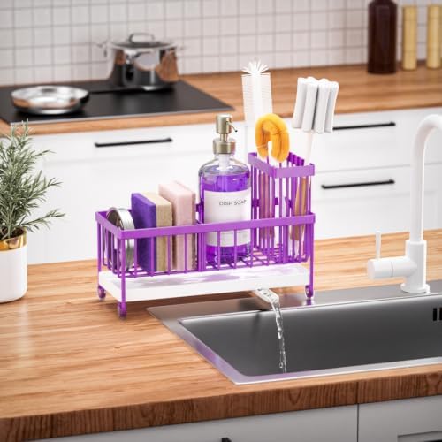Cisily Sponge Holder for Kitchen Sink, Sink Caddy Organizer with High Brush Holder, Kitchen Countertop Organizers and Storage Essentials (Purple, 9.25″)