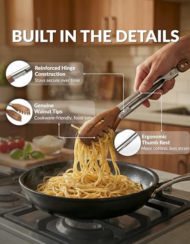 3-in-1 Kitchen Tongs & Pasta Server – 12 Inch Walnut Multifunction Tongs with Slotted Forked & Flat Tips for Pasta, Salad, Cooking and More – Elegant, Heat-Resistant Food Tongs for Home Cooks & Chefs
