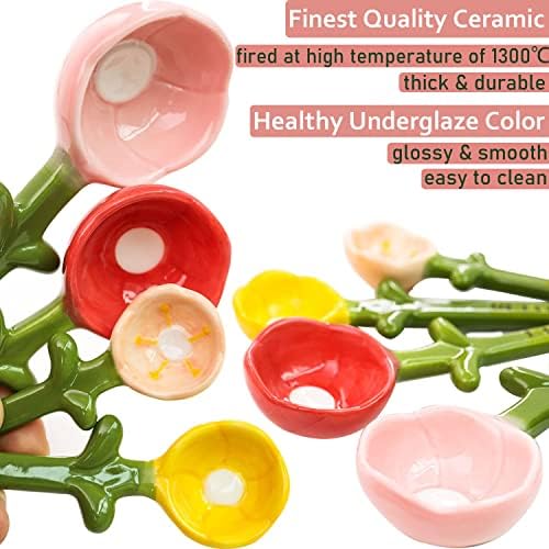 Flower Measuring Spoons Set in Pot - Ceramic Baking Measuring Spoons with Holder for Dry & Wet Ingredients - Cute Flower Figurine - Dishwasher Safe - 1 Tbsp, 1/2 Tsp, 1/4 Tsp - Unique Gift - Blue