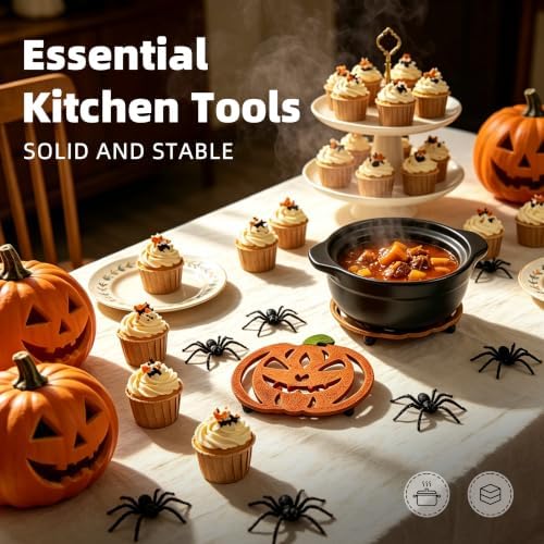 Halloween Cast Iron Pumpkin Trivet for Hot Pots, 6.8in Jack‑o‑Lantern Pot Holder with Heat Resistant Glove, Halloween Kitchen Accessories, Kitchen Halloween Decor for Fall Table 2pc