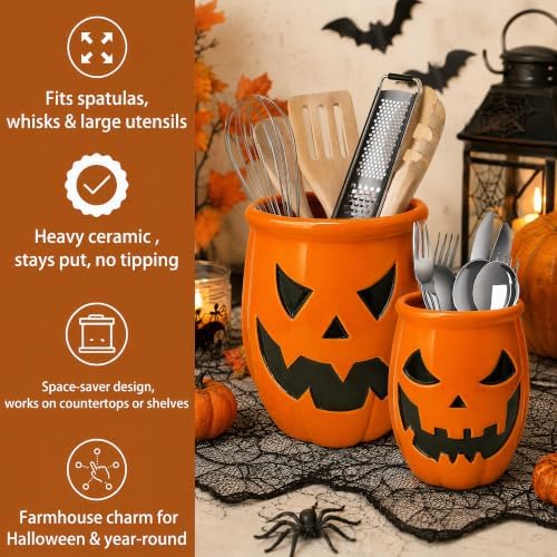 Set of 2 Halloween Ceramic Pumpkin Utensil Crocks, Large Cooking Tool Holder + Small Chopstick Spoon Storage Bucket, Jack O Lantern Kitchen Counter Decor for Halloween Party & Fall Home Decoration