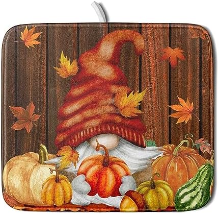 Fall Gnome Dish Drying Mat for Kitchen Counter,Autumn Pumpkin Maple Leaves Drying Mat 16 x 18 Inch Microfiber Dark Brown Wood Dish Drying Pad Dish Rack Drainer Mat Thanksgiving Day Decor