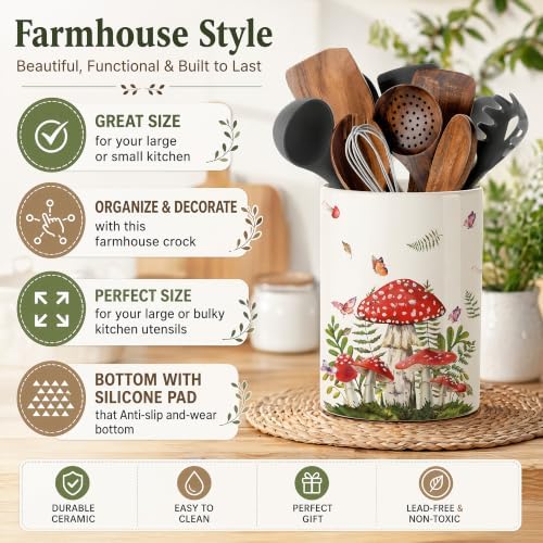 Mushroom Ceramic Utensil Crock, Hand-Painted Forest Mushroom Kitchen Utensil Holder, Farmhouse Countertop Storage Caddy, Kitchen Decor Organizer for Spatulas, Baking Tools & Multi-Room Display