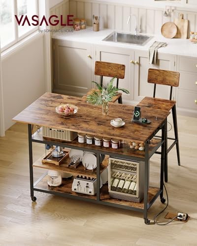 VASAGLE Kitchen Island with Drop Leaf, Power Strip, Pegboard, 47.2" Width
