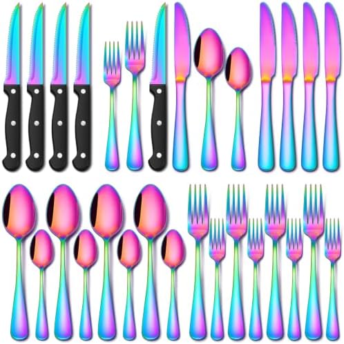 EUIRIO 24 Piece Rainbow Silverware Set with Steak Knives Stainless Steel Flatware Set for 4 Cutlery Utensil Set Includes Knife Mirror Polished Dishwasher Safe for Home Restaurant