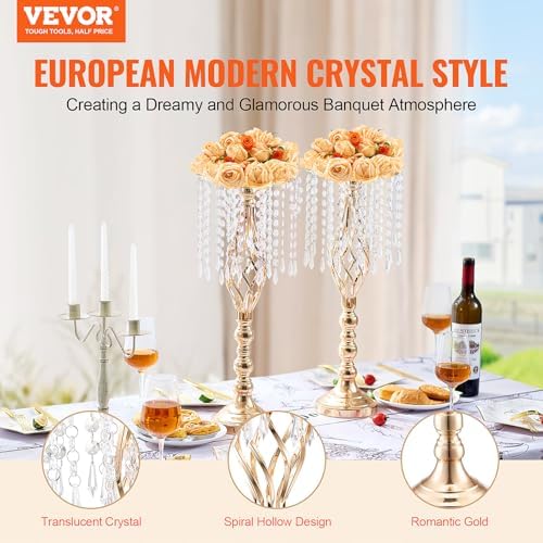 VEVOR 10PCS 55cm/21.65” Tall Crystal Wedding Flower Stand, Metal Wedding Centerpiece Vase, Gold Flower Holders Floral Display Rack for Tables Wedding Dinner Party, Ceremony Birthday Event Decor