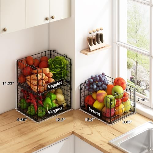 3 Pack XL Stackable Wire Baskets with Handle, Pantry Organizers and Storage