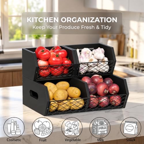 Wood Potato and Onion Storage Bins, Stackable Pantry Organizer, Rustic Produce Storage Baskets for Vegetable, Fruit and Snack, Black