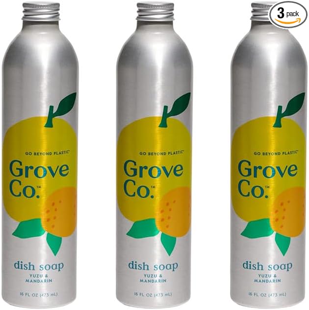 Grove Co. Dish Soap Refills, 3 x 16 fl oz Refills, Yuzu & Mandarin | Plastic-Free; Removes Stuck on Food; USDA Biobased; 98% plant-based ingredients; Natural Fragrance