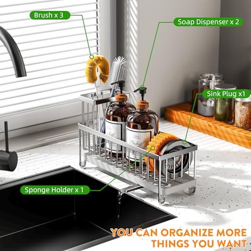 Cisily Sponge Holder for Kitchen Sink, Sink Caddy Organizer with High Brush Holder, Kitchen Countertop Organizers and Storage Essentials, Rustproof 304 Stainless Steel (Large Silver, 10.62″)